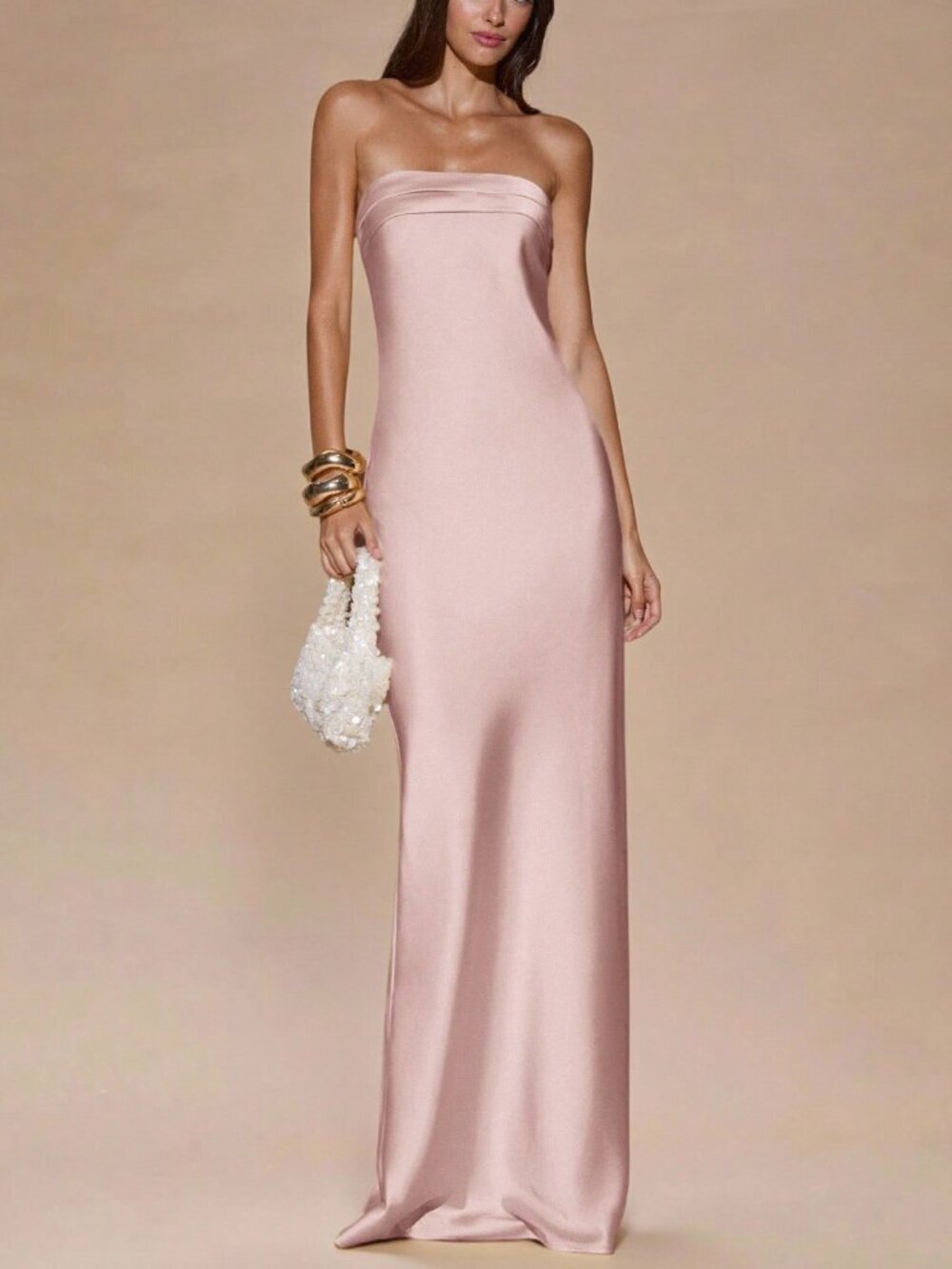 Pink Women's Minimalist Strapless Satin Dress